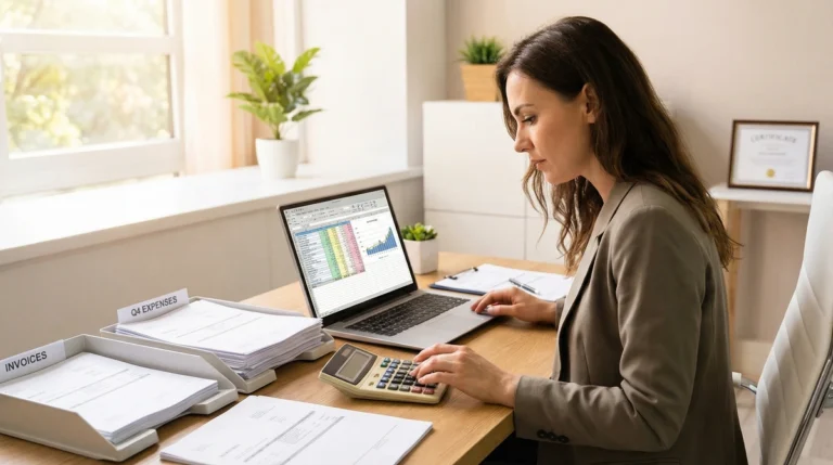 Business owner calculating AR financing costs with invoices and spreadsheets