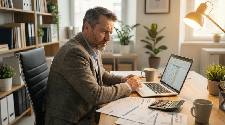 Business owner reviewing AR financing fee statements and invoices at desk