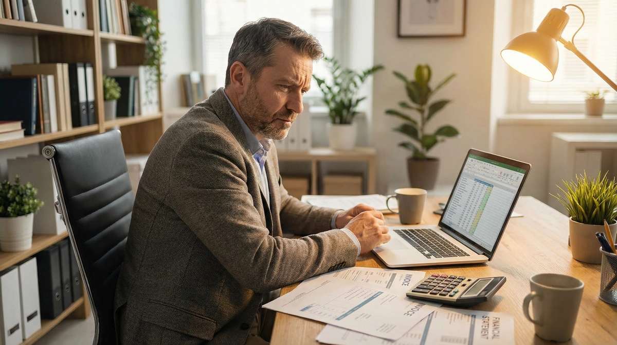 Business owner reviewing AR financing fee statements and invoices at desk