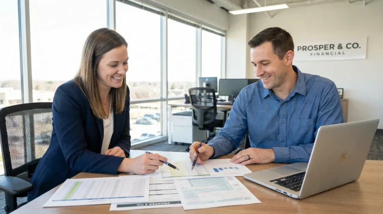 Business owner and accountant reviewing AR financing tax documents together