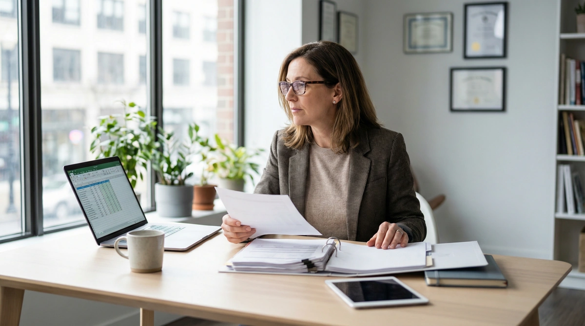 Business owner comparing AR financing and SBA loan documents at desk