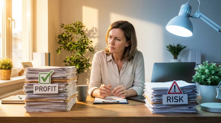Business owner comparing AR financing and merchant cash advance options at desk