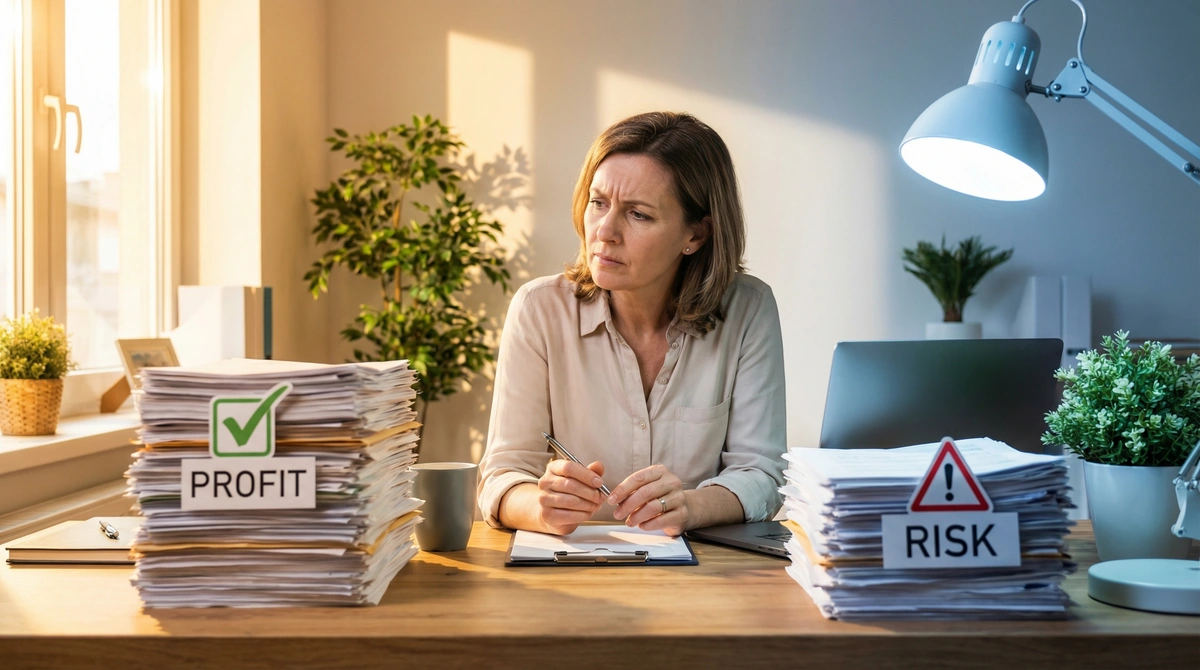 Business owner comparing AR financing and merchant cash advance options at desk