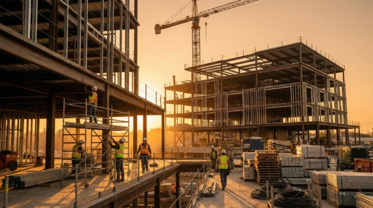Commercial construction site with workers and steel framework at golden hour
