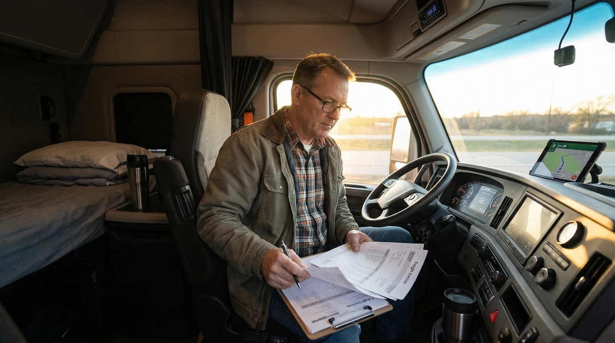 Truck driver reviewing freight invoices inside cab for factoring