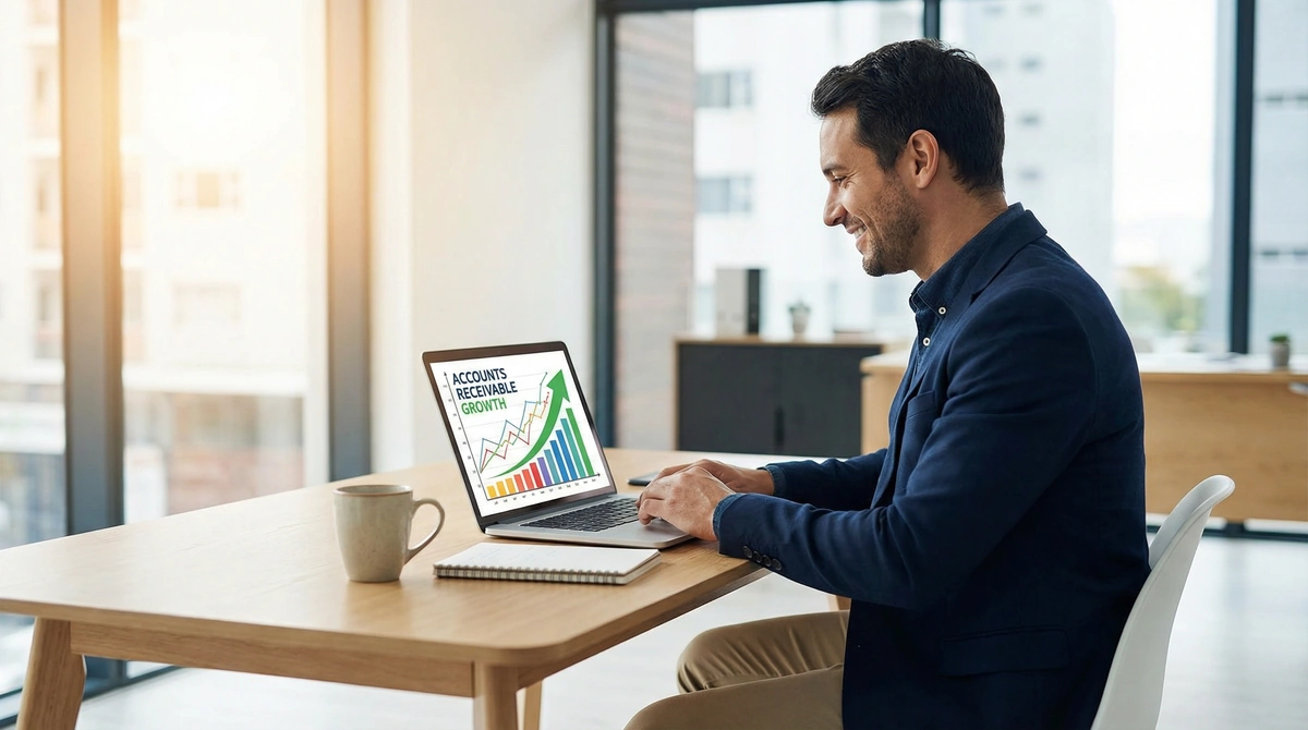 Business owner reviewing accounts receivable metrics and DSO reduction on laptop