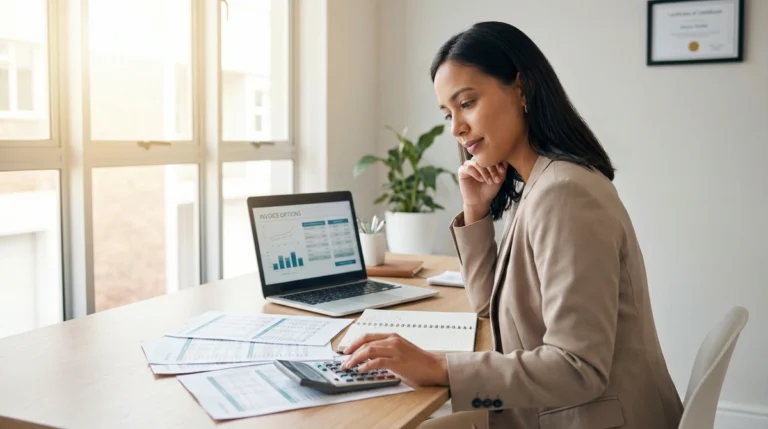 Business owner comparing spot factoring and whole ledger factoring options at desk