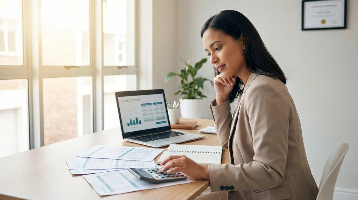 Business owner comparing spot factoring and whole ledger factoring options at desk