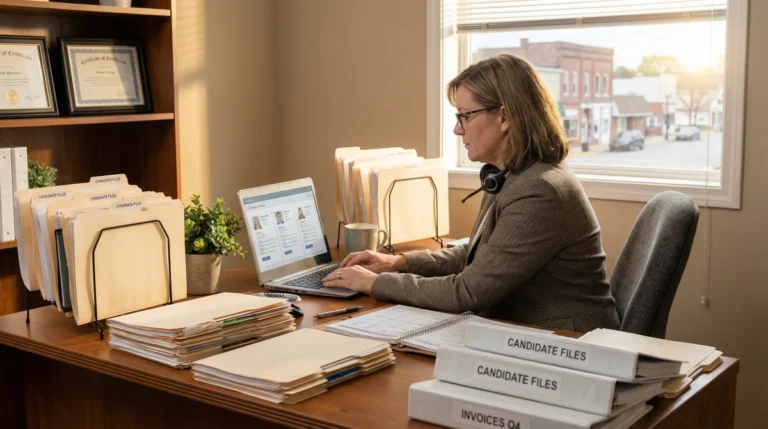 Staffing agency manager reviewing employee placements and invoices