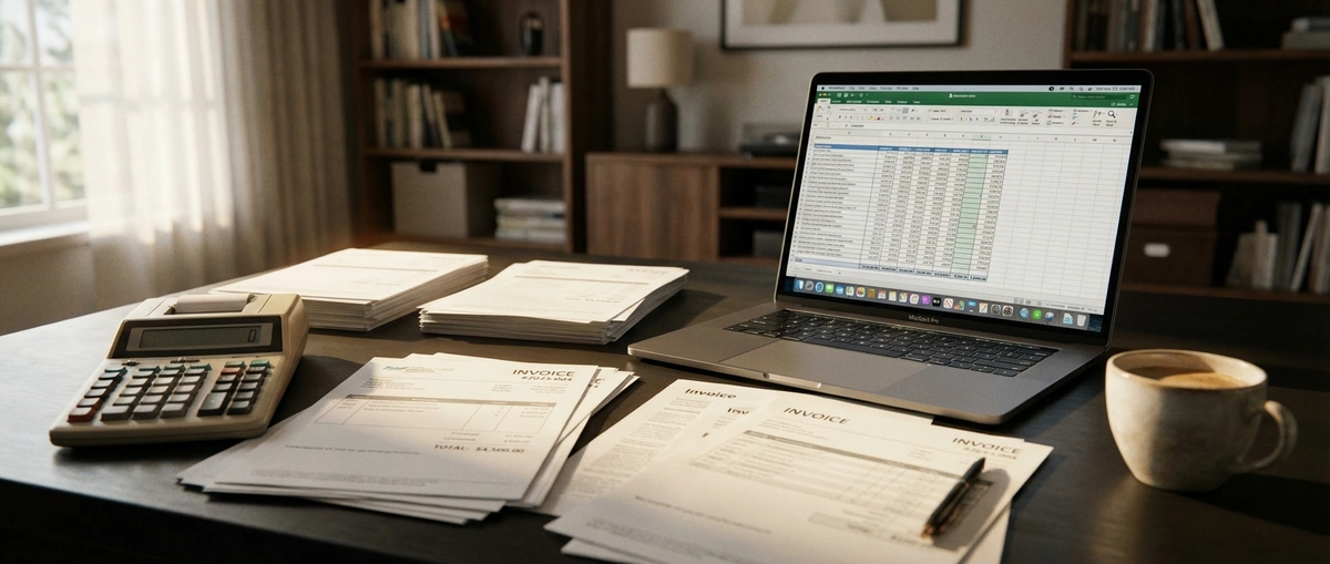 Calculator and financial documents showing invoice factoring cost calculations