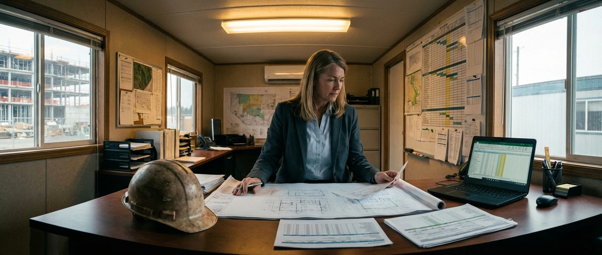 Construction manager reviewing project financials and blueprints in site office