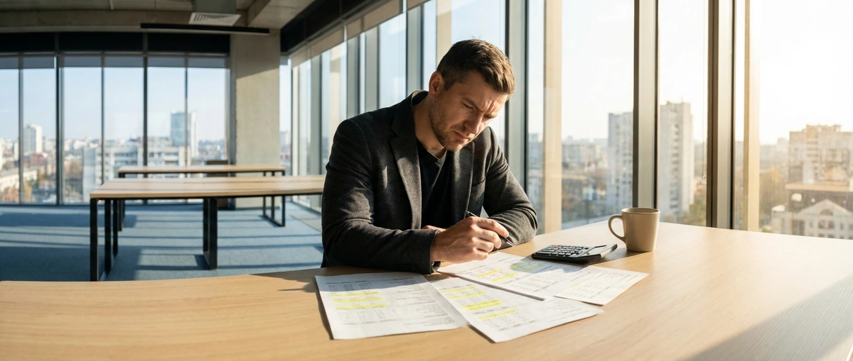 Business owner reviewing AR financing fee statements at office desk