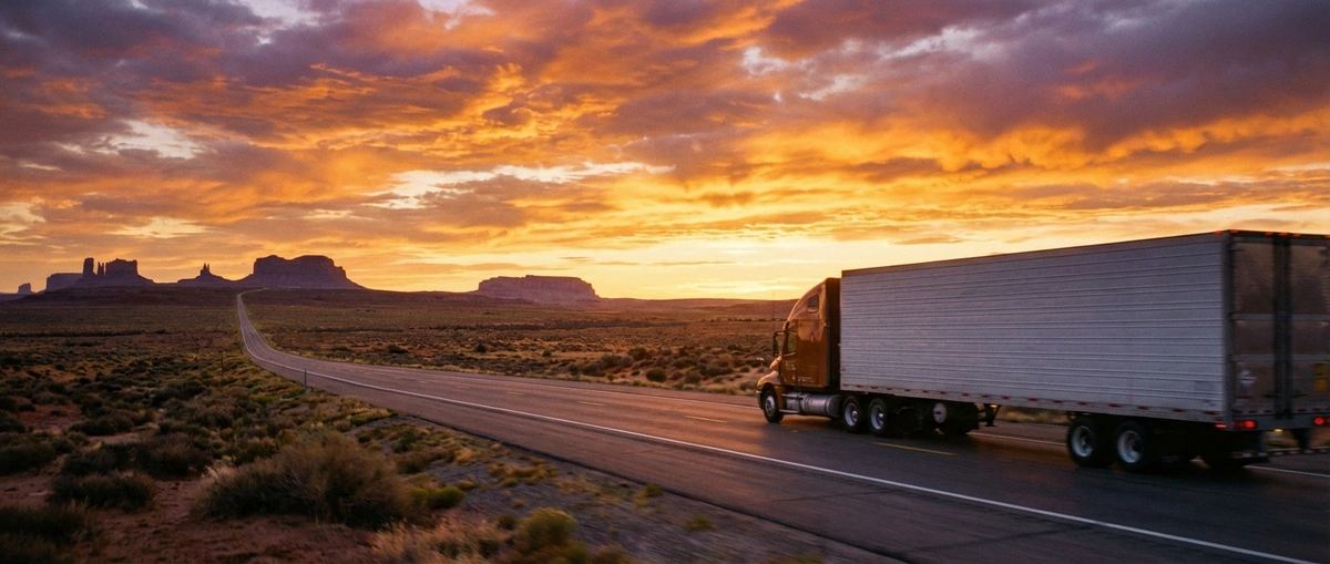 Semi truck hauling freight on open interstate highway at dawn