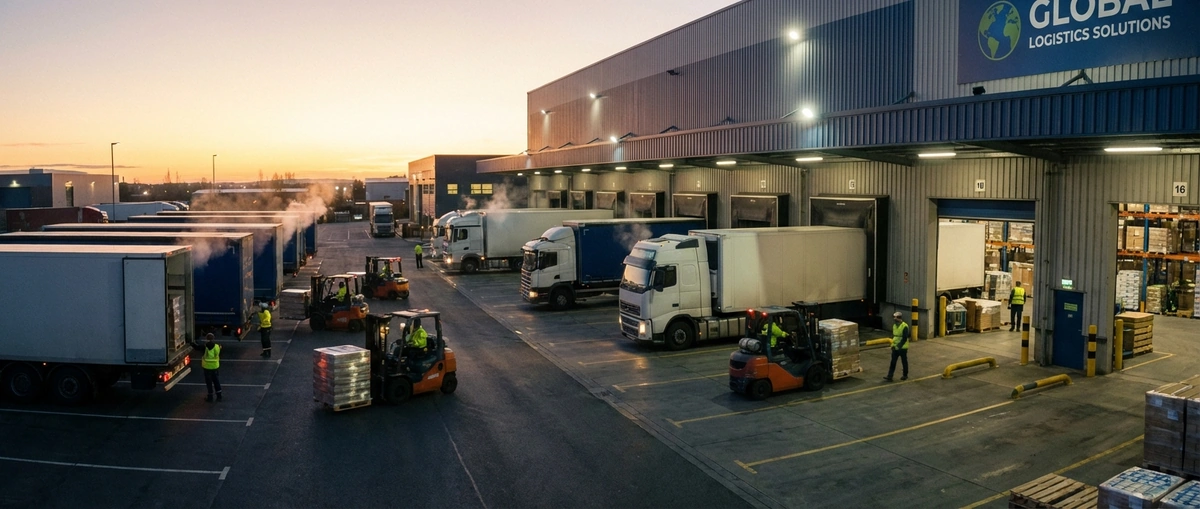 Freight trucks at loading dock in early morning industrial setting