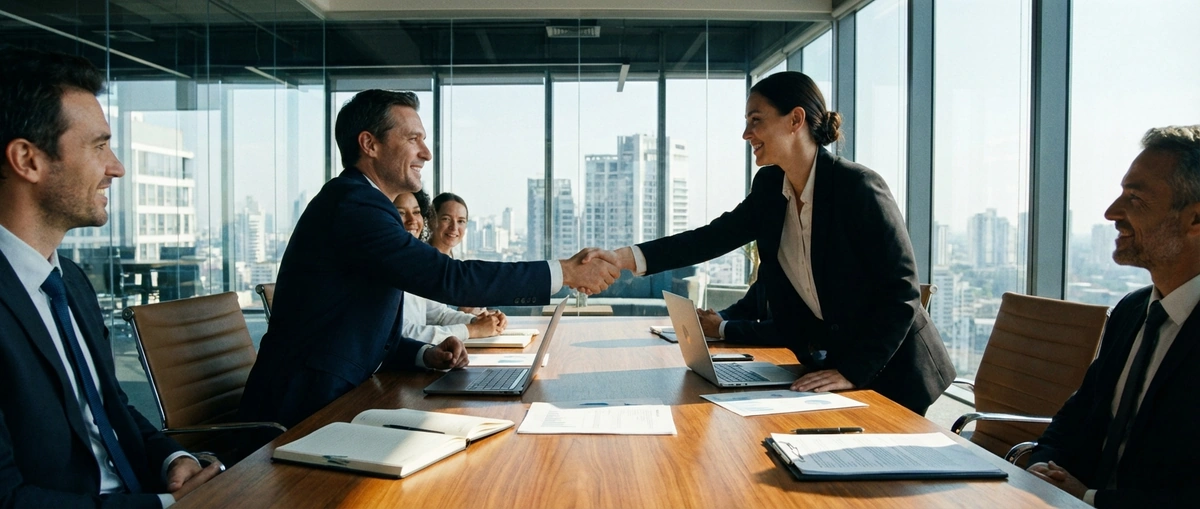 Business professionals negotiating AR financing terms at conference table