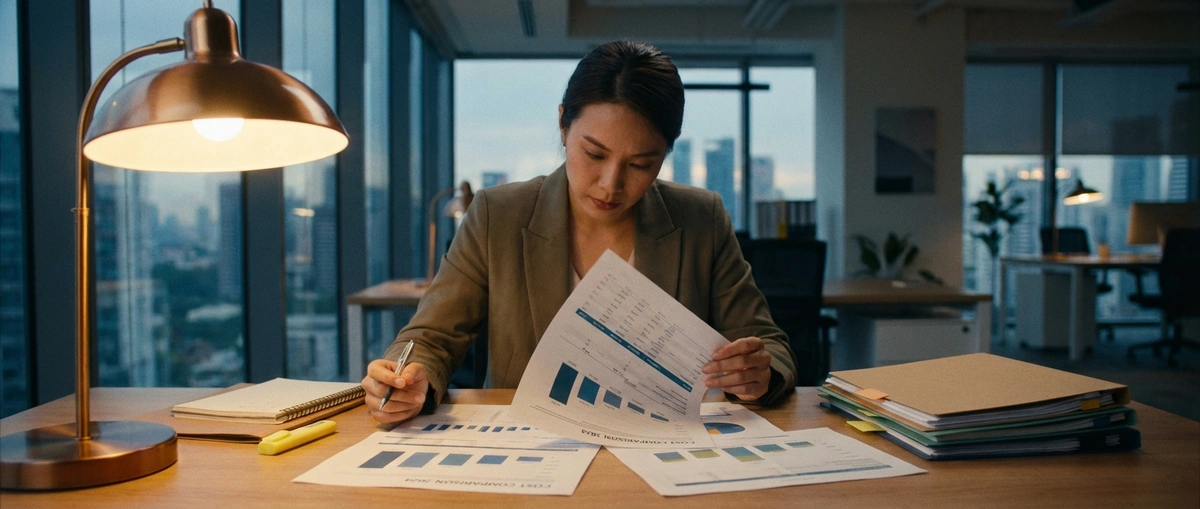 Business owner carefully reviewing AR financing fee schedule and cost comparison