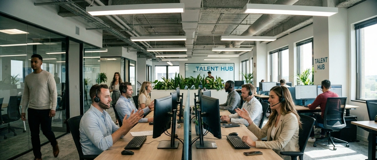 Staffing agency office with recruiters working at desks placing candidates