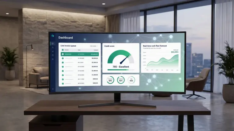 Modern fintech dashboard showing AI-powered AR financing analytics with invoices and credit scores