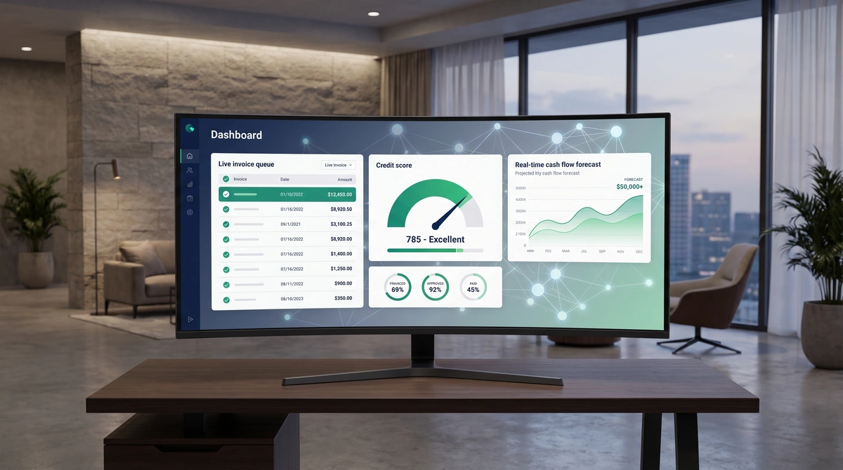 Modern fintech dashboard showing AI-powered AR financing analytics with invoices and credit scores