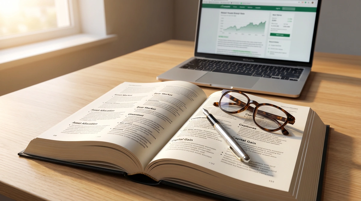 Open reference book and laptop showing AR financing glossary terms