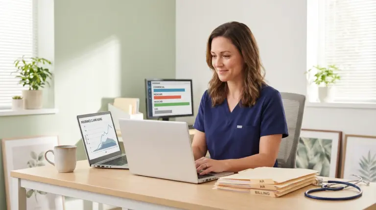 Healthcare practice manager reviewing insurance receivables and billing reports on a laptop