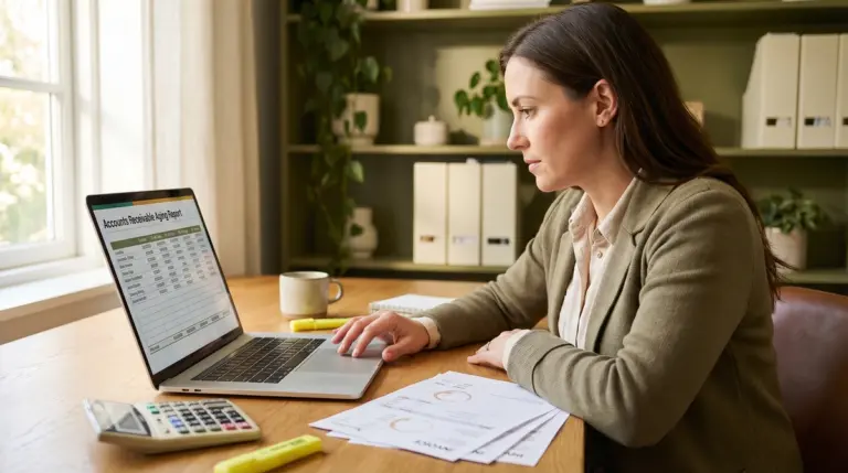 Business owner reviewing an accounts receivable aging report on a laptop with invoices and calculator on the desk
