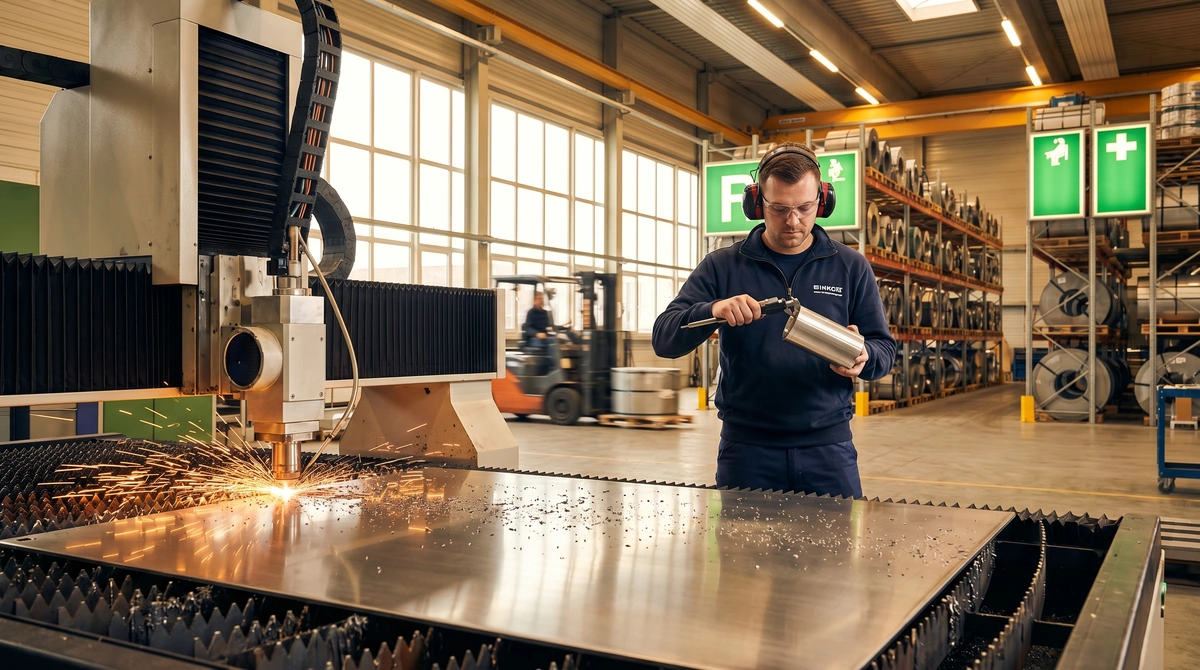 Modern manufacturing facility with production line running, showing steel fabrication and CNC machinery funded by manufacturing invoice factoring