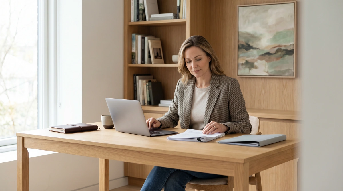 Confident business owner reviewing invoices at a modern desk, symbolizing discreet AR financing