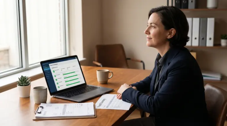 Calm small business owner at desk reviewing payroll documents with laptop