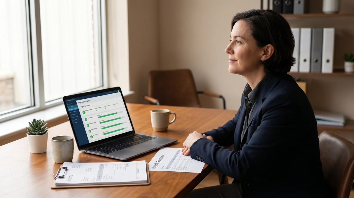 Calm small business owner at desk reviewing payroll documents with laptop