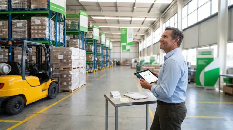 Wholesale distribution warehouse with pallets and a distributor reviewing inventory on a tablet