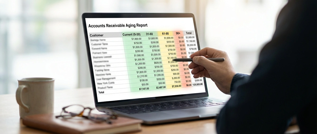 Close-up of an invoice aging report on a laptop screen with 0-30, 31-60, 61-90, and 90+ day buckets color-coded to highlight overdue invoices