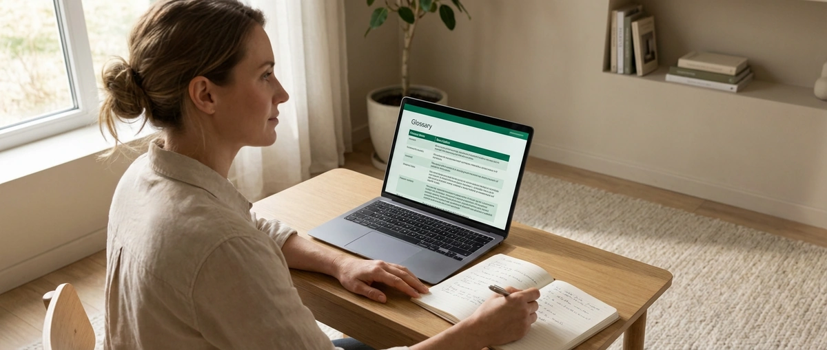 Business owner at desk reviewing AR financing glossary on laptop with confident expression