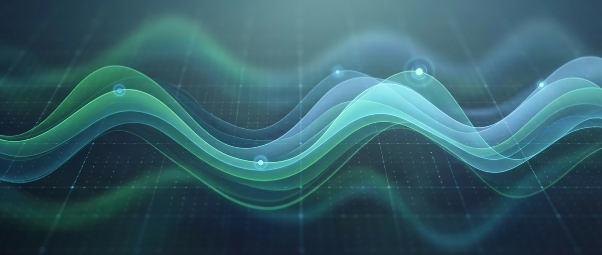 Abstract visualization of predictive cash flow forecast waves generated by AI models