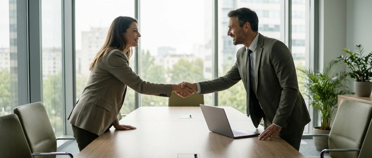 Two business professionals shaking hands in a meeting, representing undisturbed client relationships with non-notification factoring