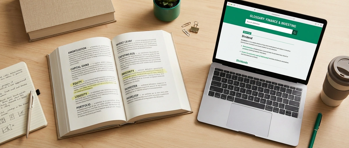 Reference book and laptop with AR financing glossary terms highlighted