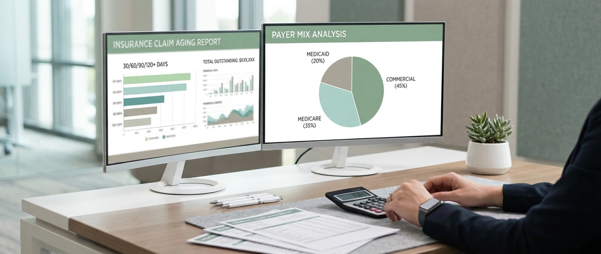 Healthcare billing specialist reviewing insurance claim aging and payer mix on a dashboard