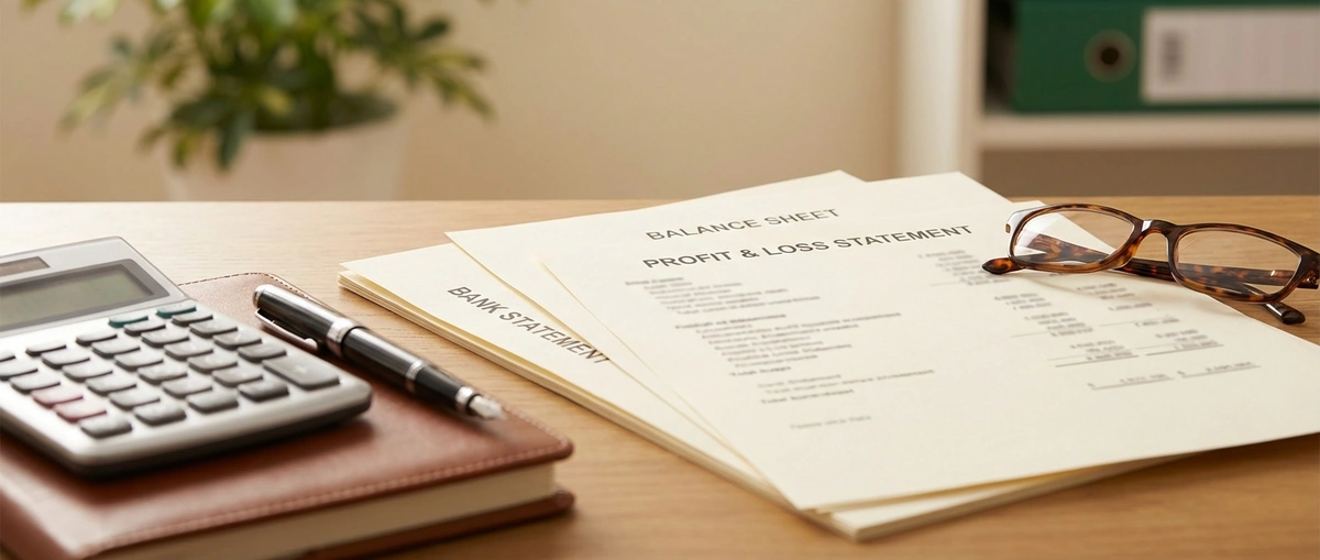 Organized financial documents and statements in folders on a desk with a calculator