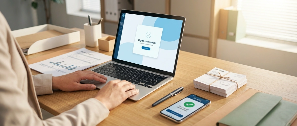 Calm business owner reviewing payroll documents at desk with laptop after funding invoices