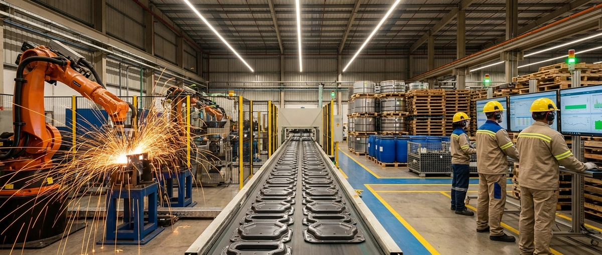 Modern manufacturing production line running with machinery and skilled workers