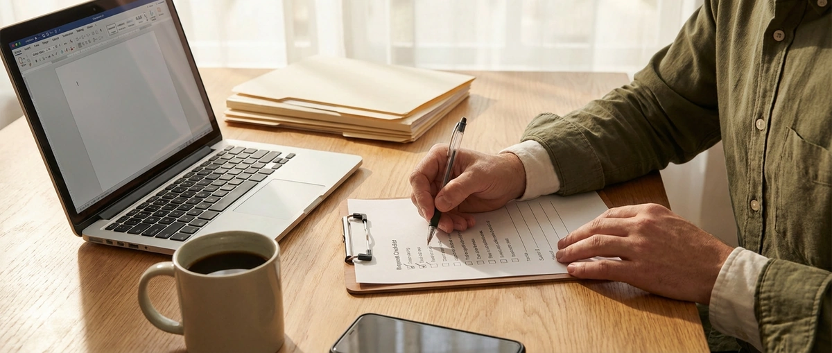 Business owner reviewing an AR financing documentation checklist with pen and notepad