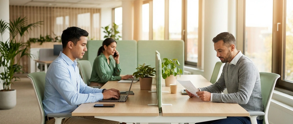 Small business team working together in office, confident in stable payroll