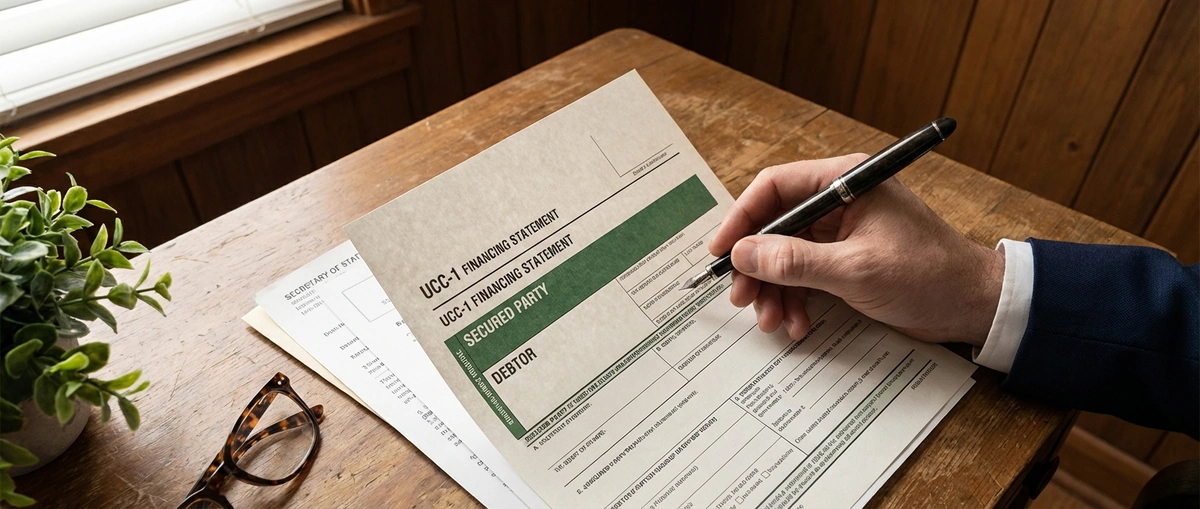 Close-up of UCC-1 filing document on a desk with a business owner holding a pen