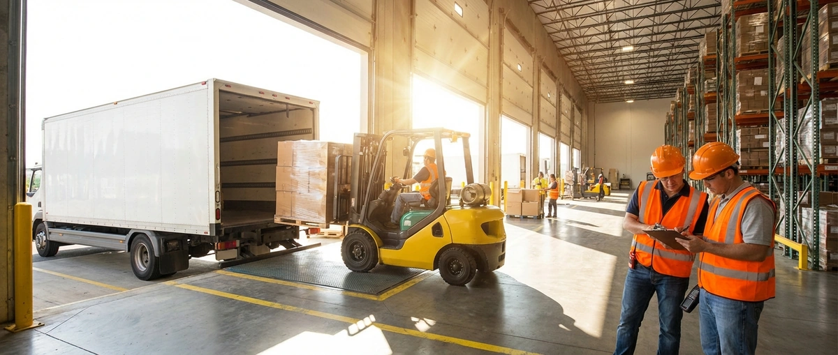 Wholesale distribution warehouse with pallets and a forklift loading goods onto an outbound truck